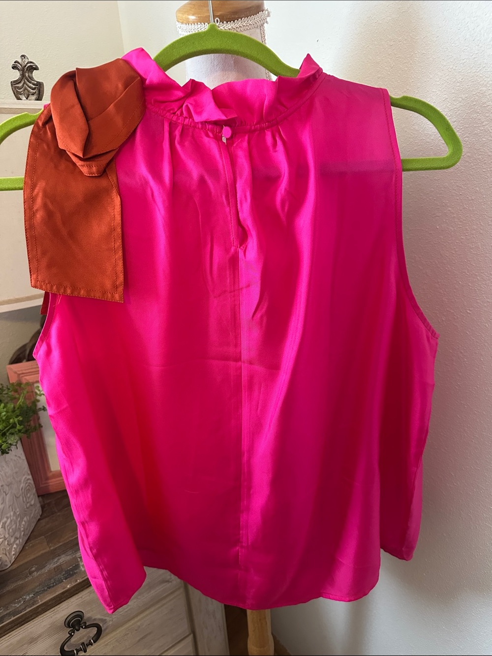 J. Crew Hot Pink Ruffle-Neck Sleeveless Camisole with Rust Shoulder Bow - Picture 3 of 4